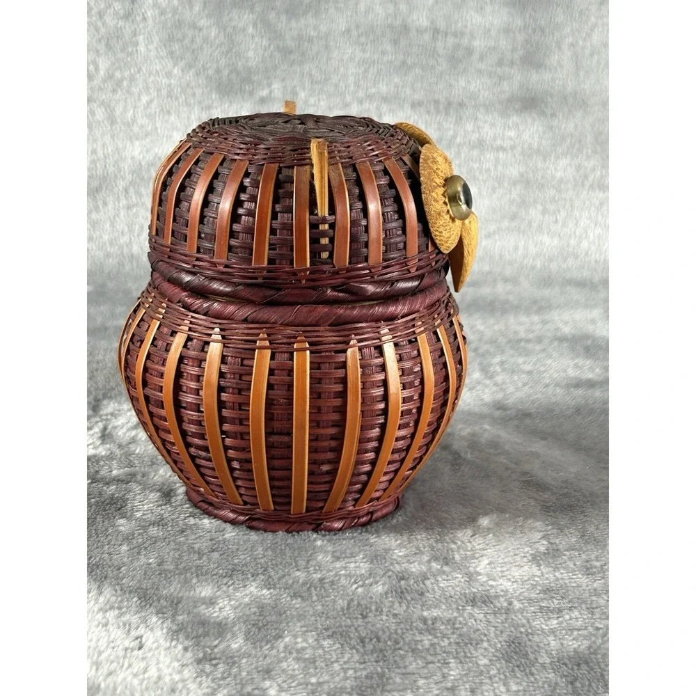Vintage Owl bird Wicker Rattan Lidded woven figural Basket Box 4